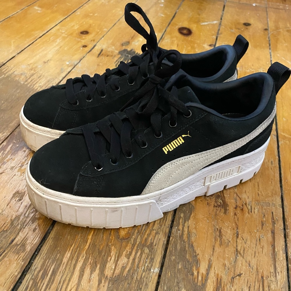 Puma Black Suede Mayze, chunky platform sneakers